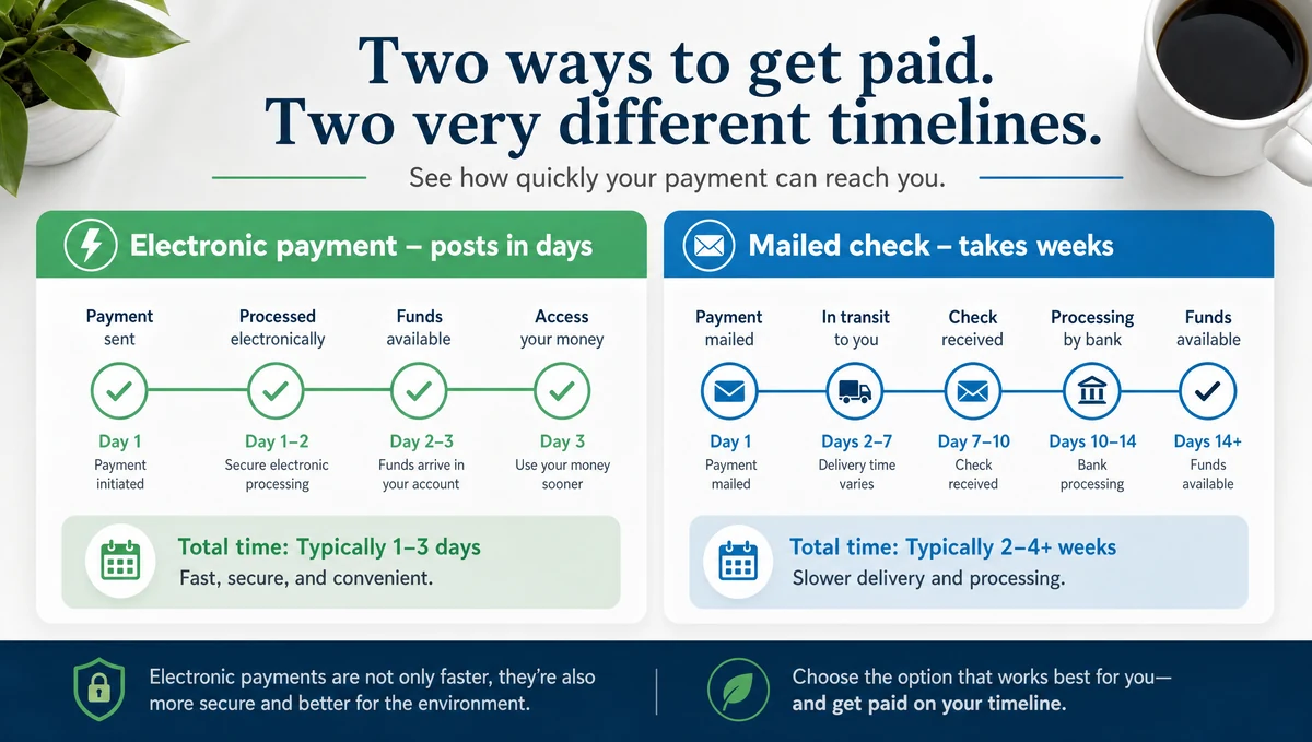 Infographic comparing electronic payment posting times versus mailed check posting times for the IRS.