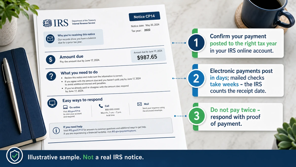 Annotated IRS CP14 notice for taxpayers who already paid: confirm the tax year, check posting times, and do not pay twice.