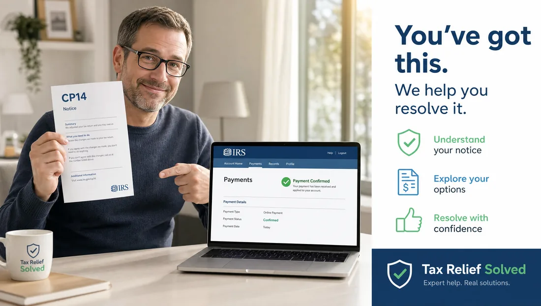 Person showing a confirmed payment in their IRS online account next to a CP14 notice.