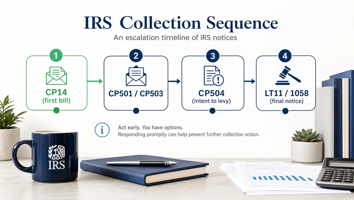 Infographic of the IRS collection sequence: CP14, CP501/503, CP504, and LT11/1058.