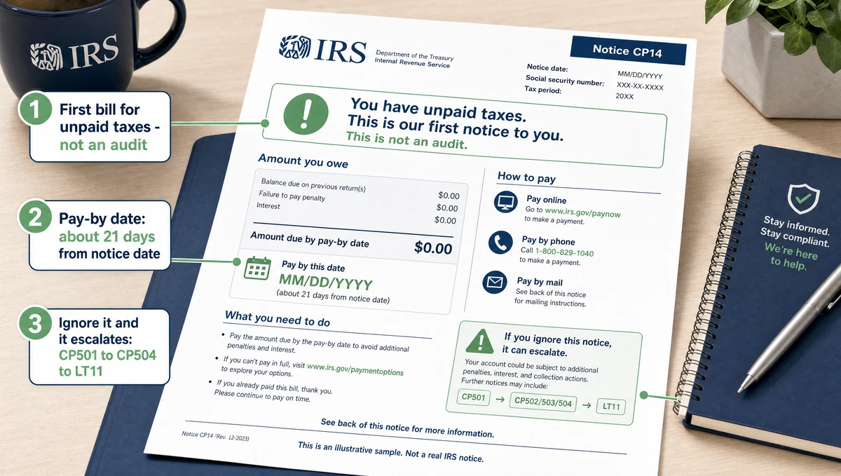 Annotated IRS CP14 notice showing it is the first bill, the roughly 21-day deadline, and the escalation to CP504 and LT11.