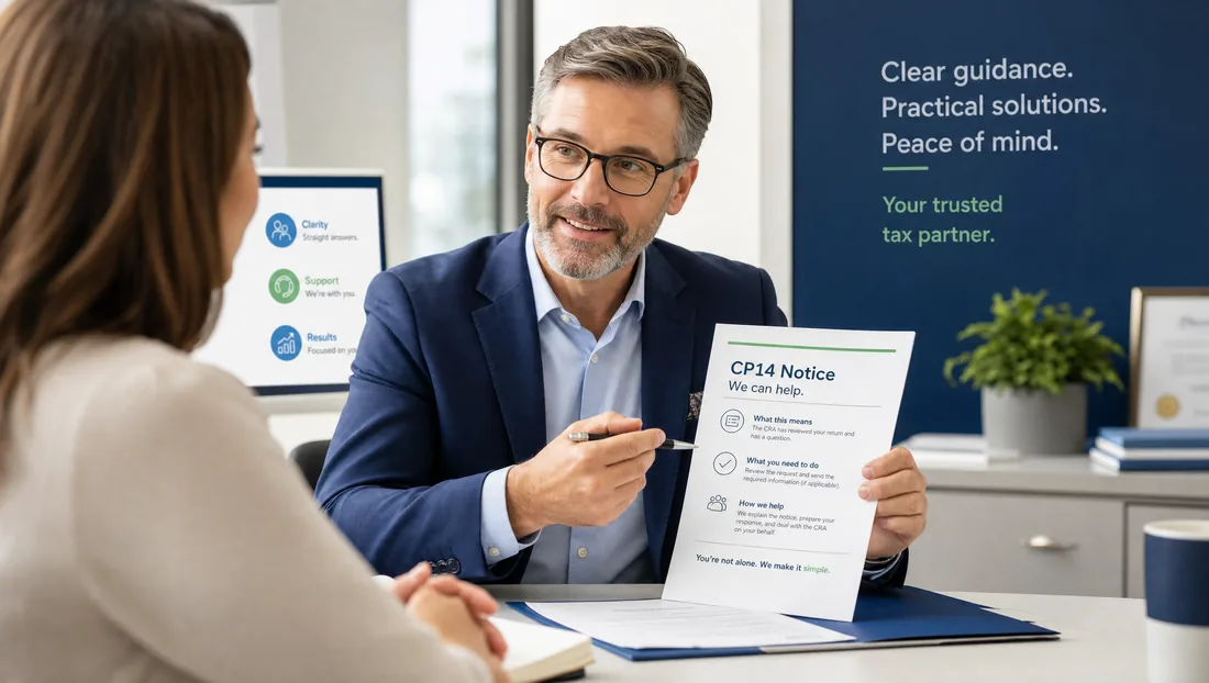 Experienced tax professional explaining a CP14 notice to a relieved client.