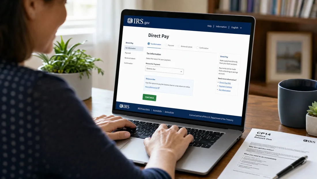 Person paying their CP14 balance online on the official IRS.gov Direct Pay page.
