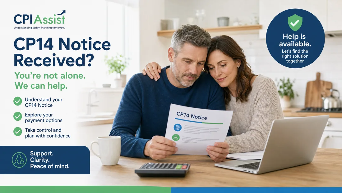Couple at their kitchen table reviewing a CP14 notice and their payment options together.