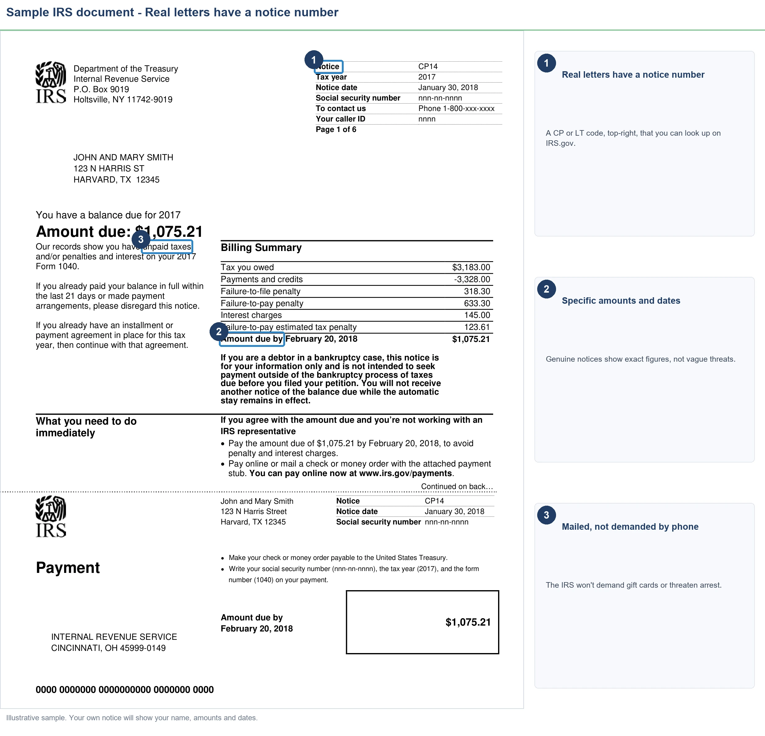 Annotated genuine IRS notice showing the three signs an IRS letter is real: it arrives by U.S. mail, has a verifiable notice number, and asks for payment only to the U.S. Treasury.