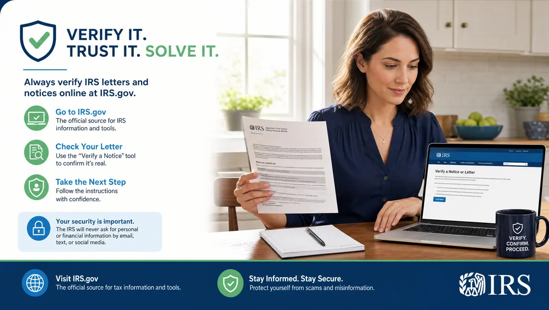 Woman at home checking whether her IRS letter is real against the IRS.gov website on her laptop.