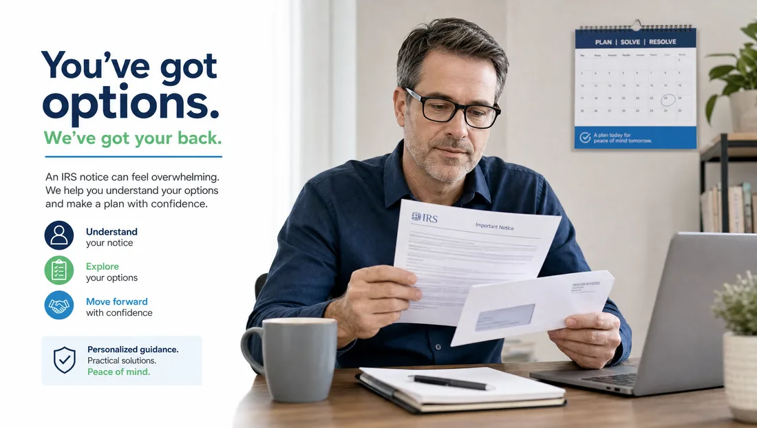 Man at a desk calmly reading an IRS notice to understand why he received a letter from the IRS.